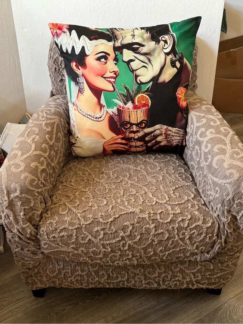 BRAND NEW Retro Frankenstein & Bride Tiki Bar Cocktail TimeOversized ThrowPillow